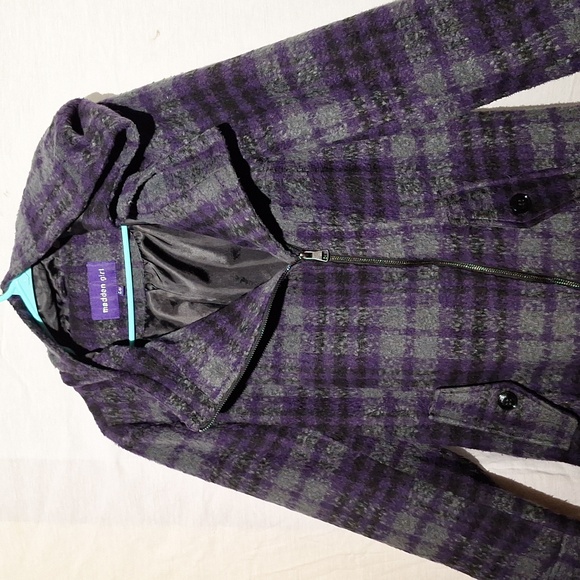 Plaid Pea Coat, Purple Grey With Hood, Madden Girl, Sz 12, NWOT - Picture 6 of 16